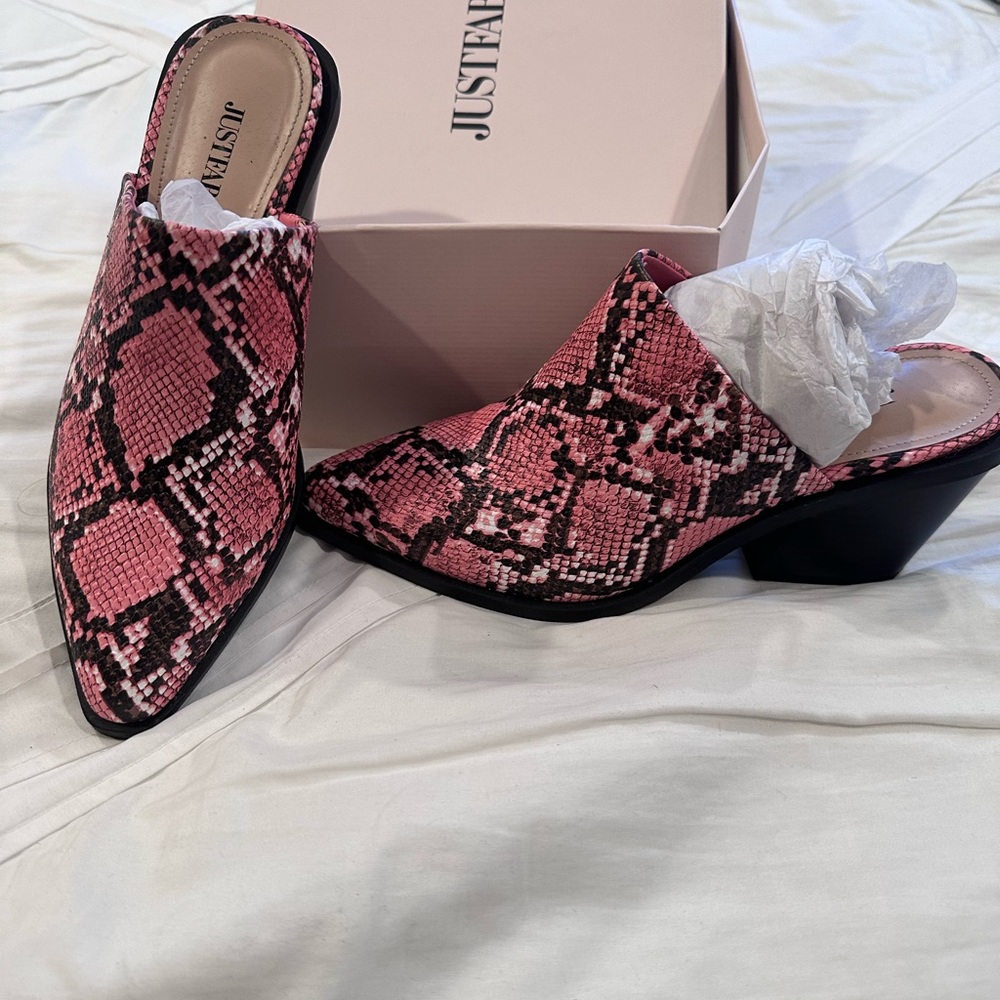 Just Fab cowboy boot style mule. Pink and black snake print boogie. Size 8.5